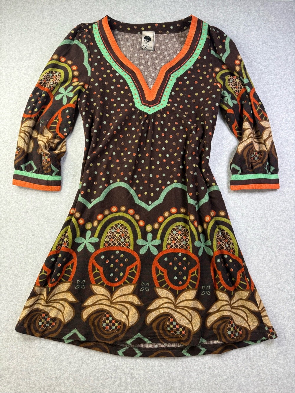 Freelance Boho Knit Sweater Dress Brown Floral Stretch Hippie Womens M